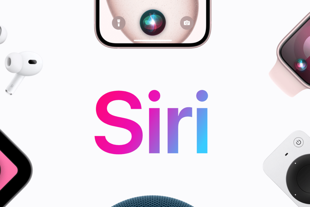 The image features the word "Siri" in a gradient of pink, purple, and blue, embodying a sense of future innovation. Surrounding it are images of Apple devices—smartphone, smartwatch, earphones, and smart speaker—set against a crisp white background.