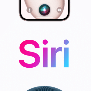 The image features the word "Siri" in a gradient of pink, purple, and blue, embodying a sense of future innovation. Surrounding it are images of Apple devices—smartphone, smartwatch, earphones, and smart speaker—set against a crisp white background.