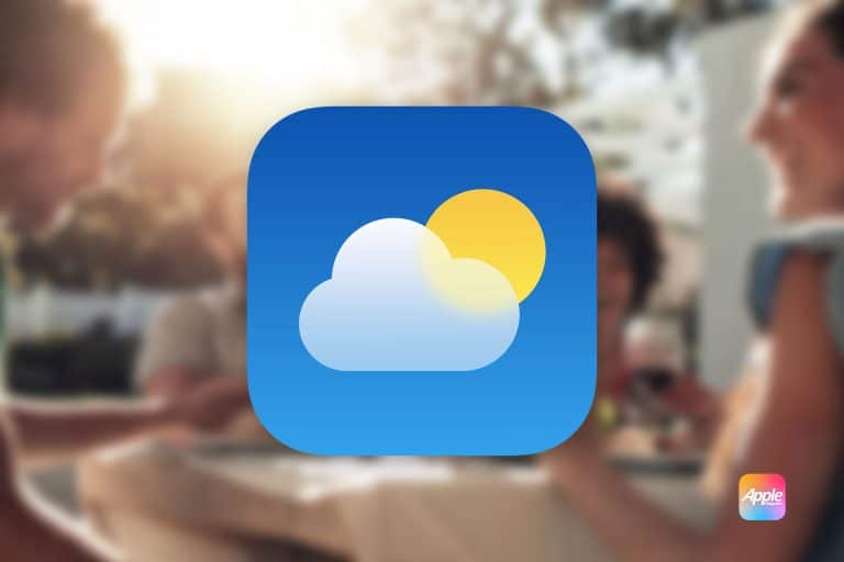 A weather app icon featuring a cloud and sun is centered over a blurred background of people enjoying an outdoor meal, seamlessly integrating into the Apple ecosystem. The Apple logo adorns the bottom right corner.