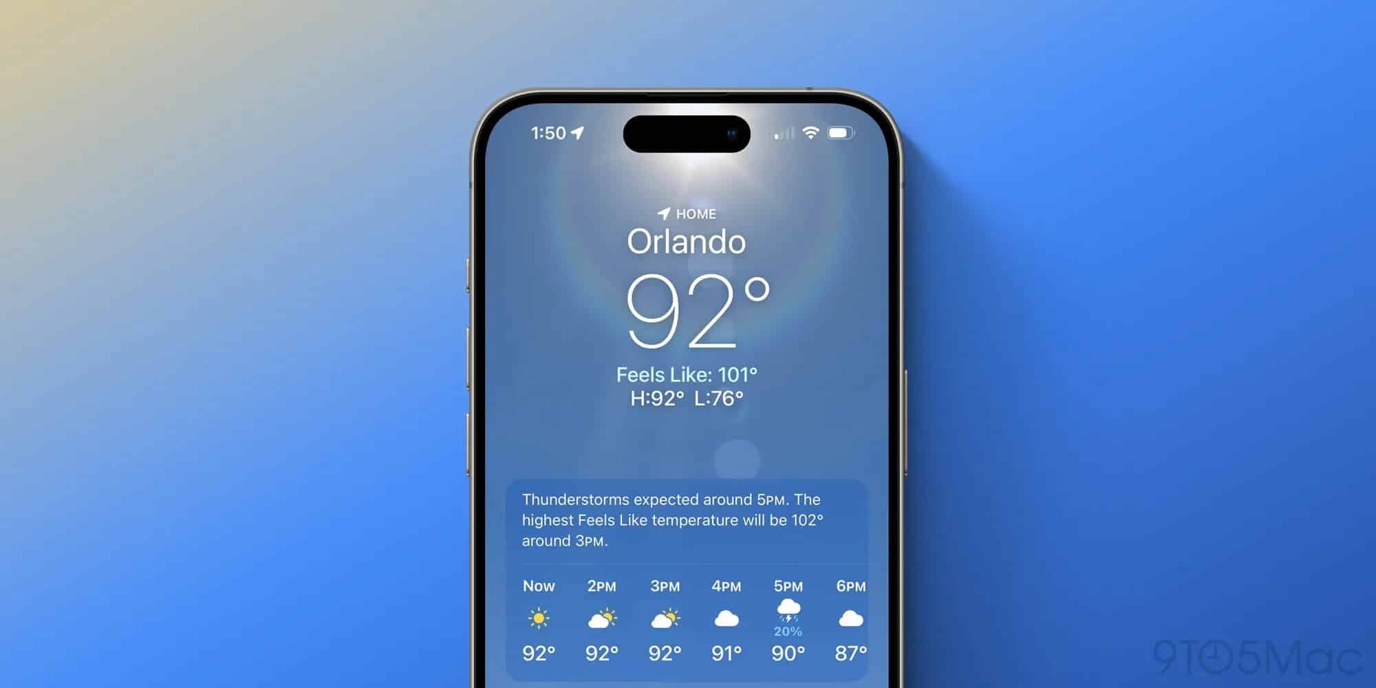 A smartphone display shows a weather app with "Orlando" at the top. The temperature reads 92°F, feeling like 101°F. Below, a message warns of thunderstorms at 5 PM. With a background of blue hues, the seamless integration hints at mastery over Weather APIs within the Apple Ecosystem.