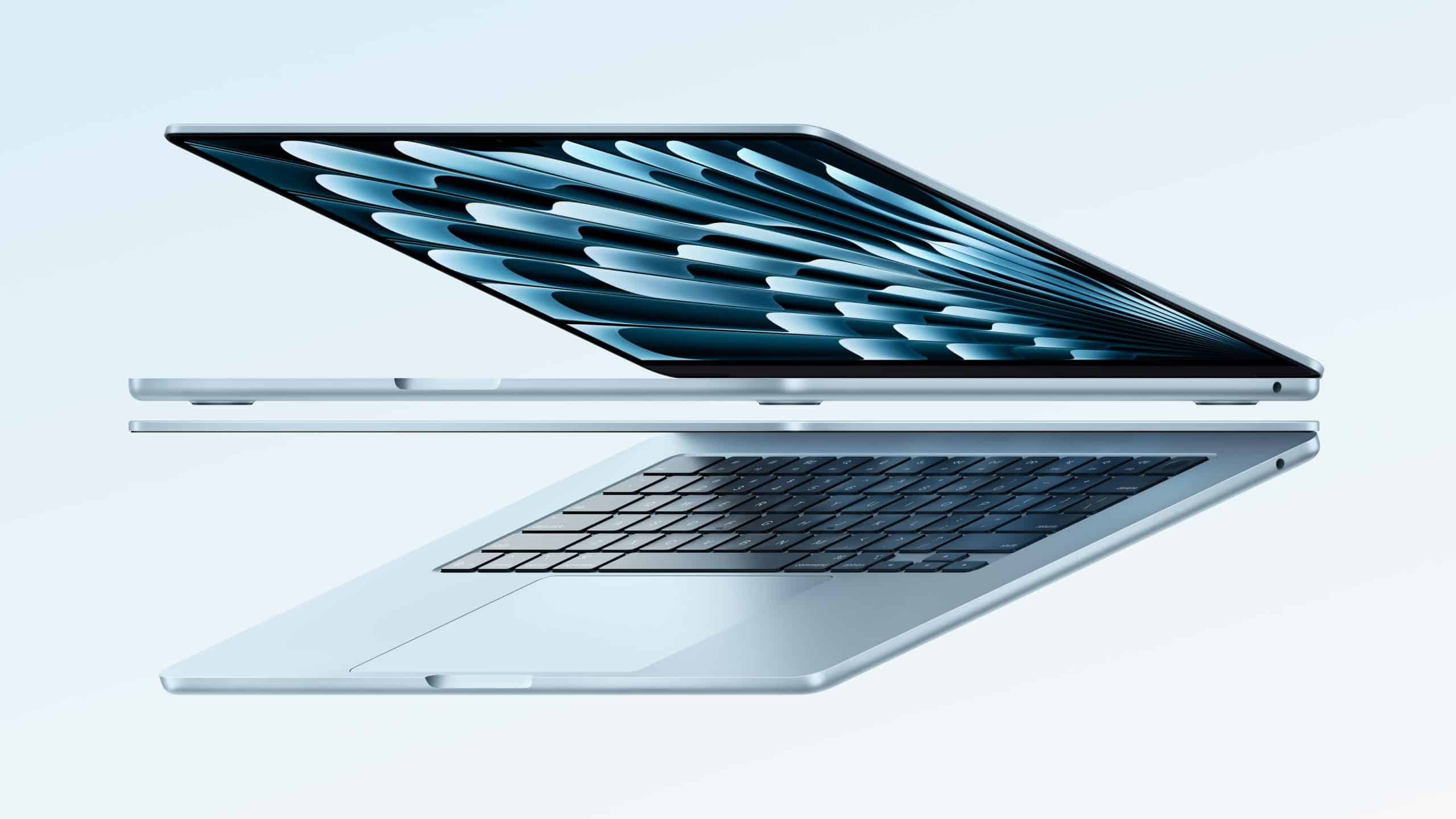 A sleek, silver laptop partially open, showcasing a patterned screen and keyboard, is depicted in a minimalist floating position against a soft, light blue background. The design highlights its thin profile and modern styling, symbolizing a severance from traditional bulky devices.