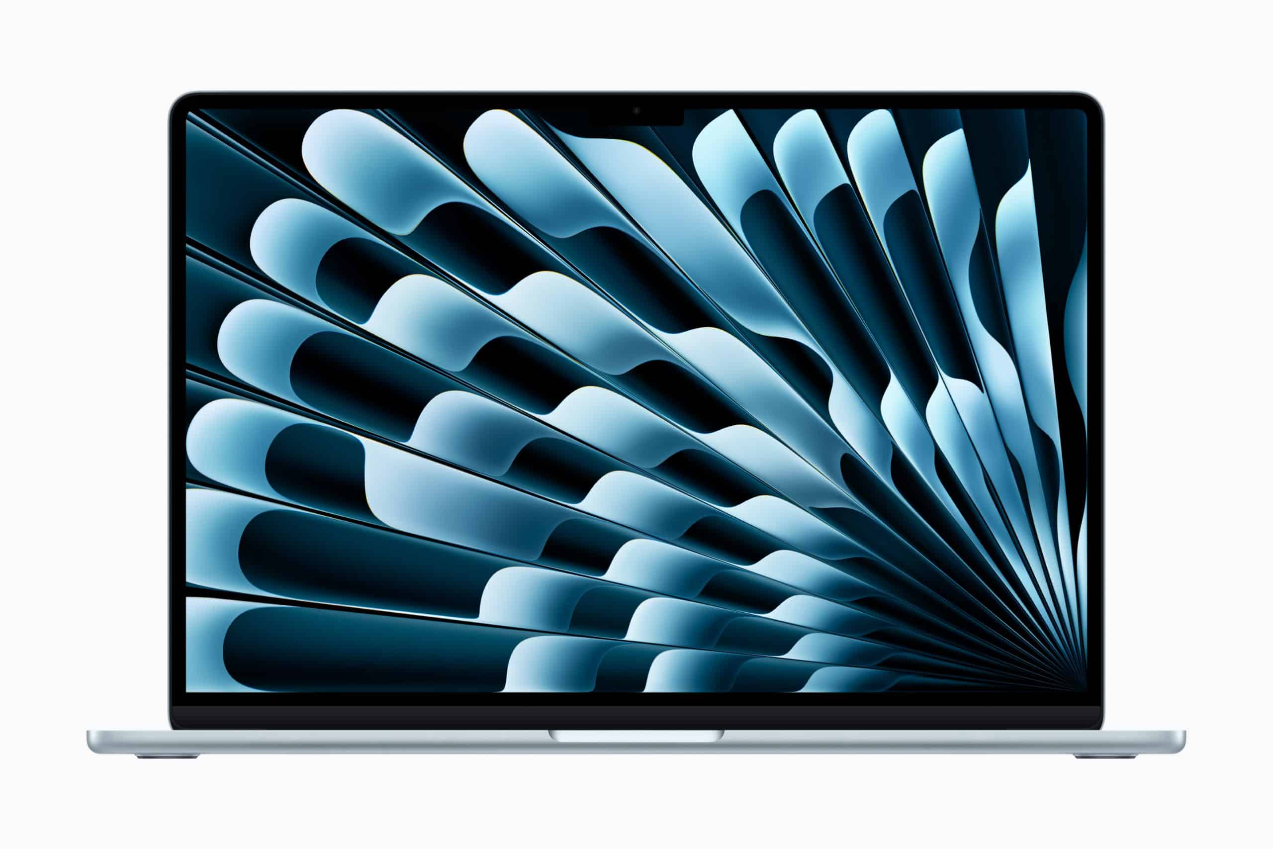 A sleek M4 MacBook Air with a silver body and a black-bordered screen displaying an abstract blue and black spiral pattern. The device is showcased facing forward on a plain white background, highlighting Apple’s embrace of new colors in their design.