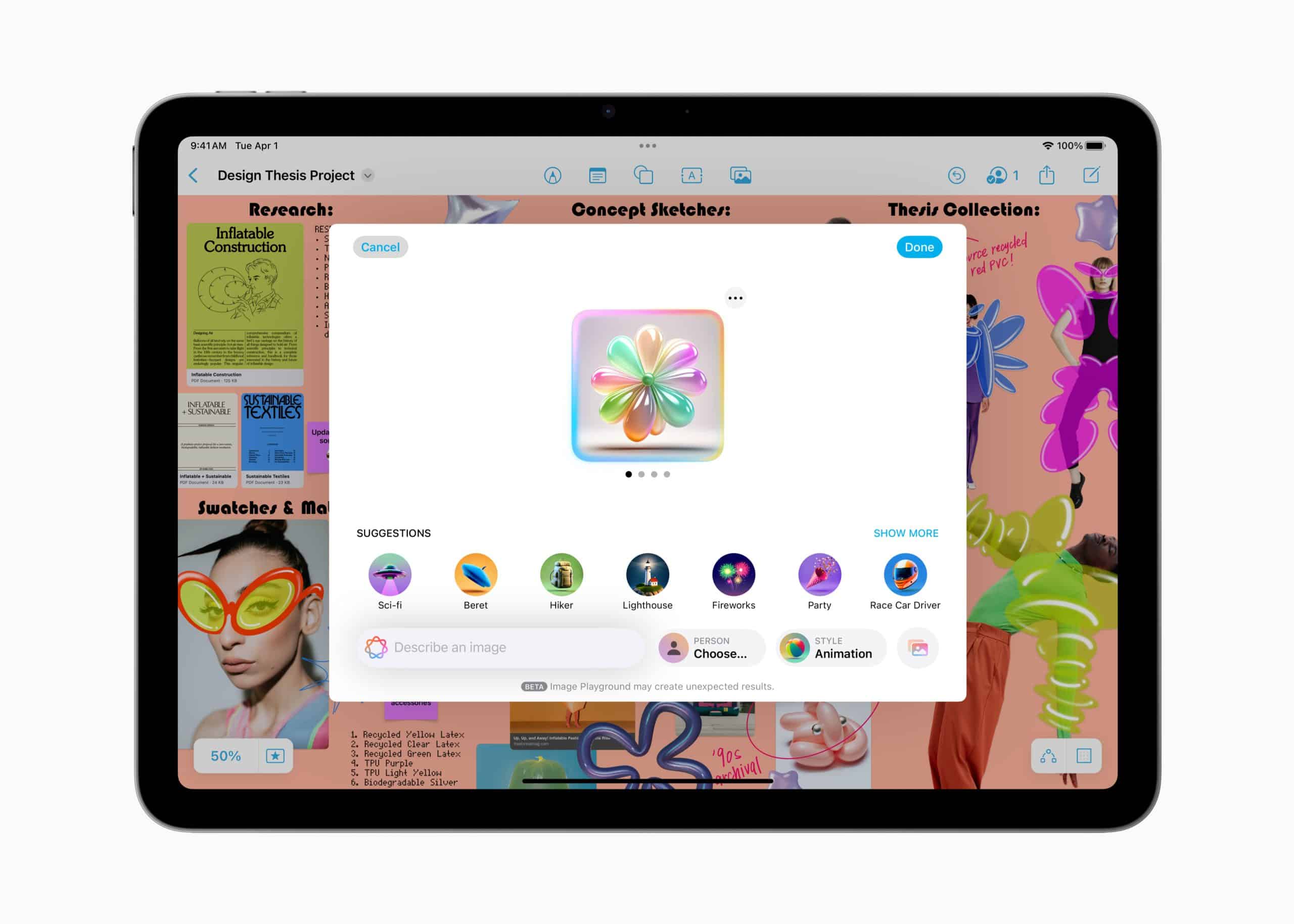 A tablet screen displays a digital art application interface. A central pop-up shows a colorful icon design resembling a flower. The background features various images and design elements, with icons and options visible at the top and bottom of the screen.