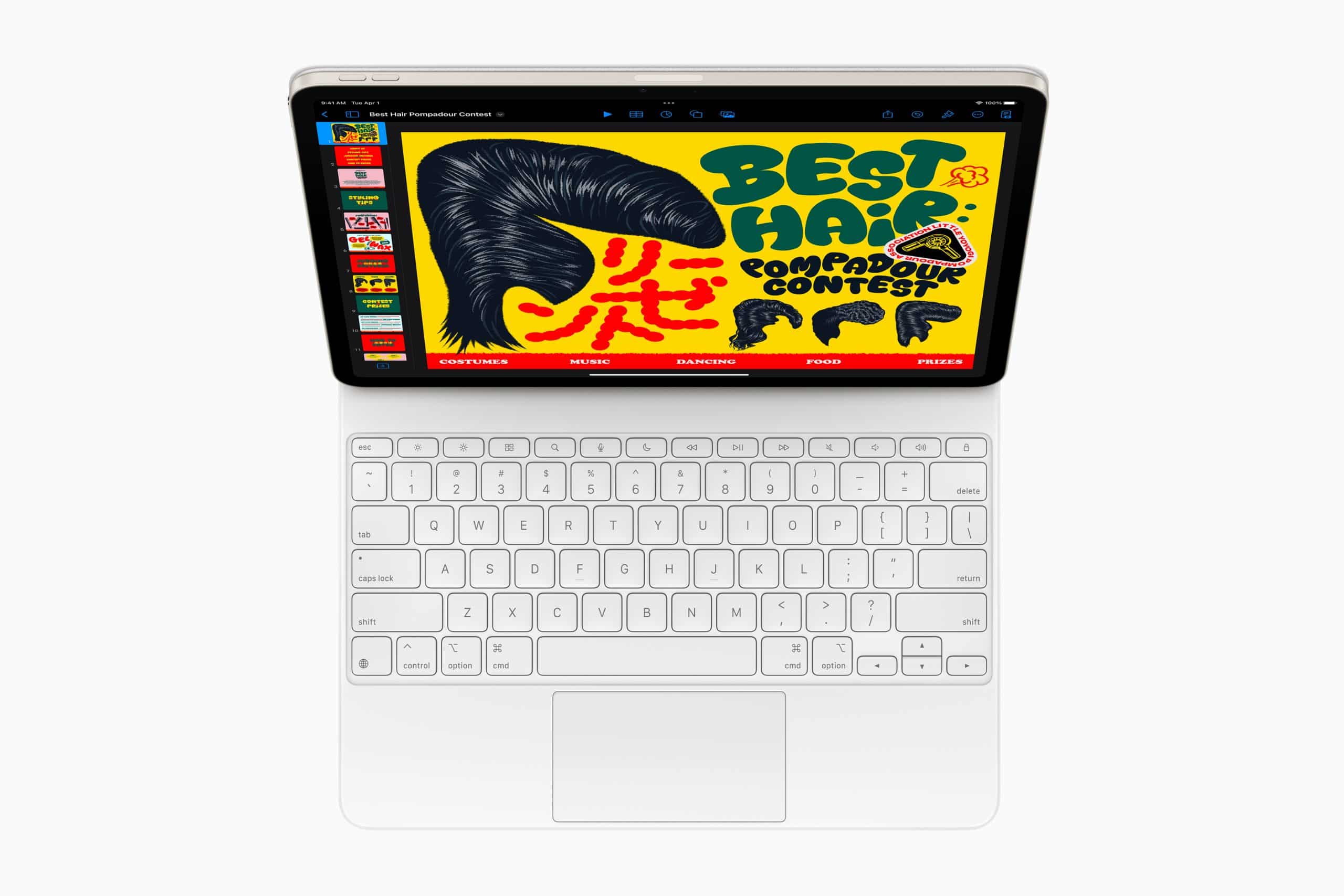 A laptop displaying an open browser window featuring a colorful illustration titled "Best Hair Pompadour Contest." The design includes a large pompadour hairstyle and bold, stylized text against a bright yellow background. The keyboard is visible below.