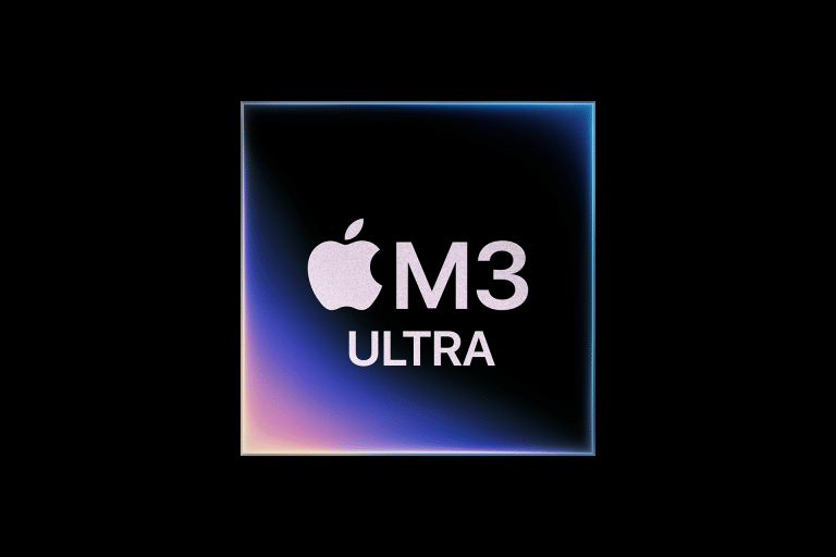 A sleek logo shines with a vibrant gradient background, centered around the iconic Apple logo alongside the bold text "M3 Ultra," showcasing innovation at its core.