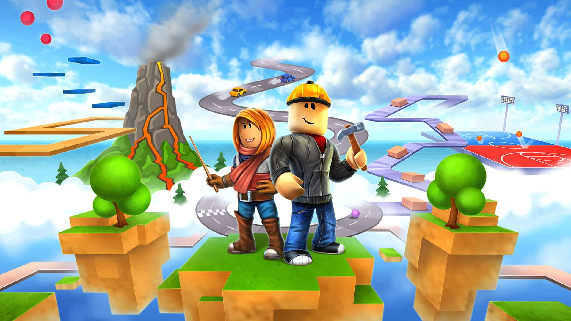 Two cartoon characters, a girl holding a wrench and a boy with a hard hat, stand back to back on floating platforms with trees. A winding road, a volcano, and sports areas stretch into the horizon under the bright blue sky. Dive into the Roblox adventure and unlock free items along the way!.