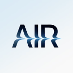 The image showcases the word "AIR" in a modern, bold font with a reflective effect beneath it, reminiscent of an Apple MacBook Air reveal. The background is a gradient of light blue to white, offering a clean and minimalistic look.