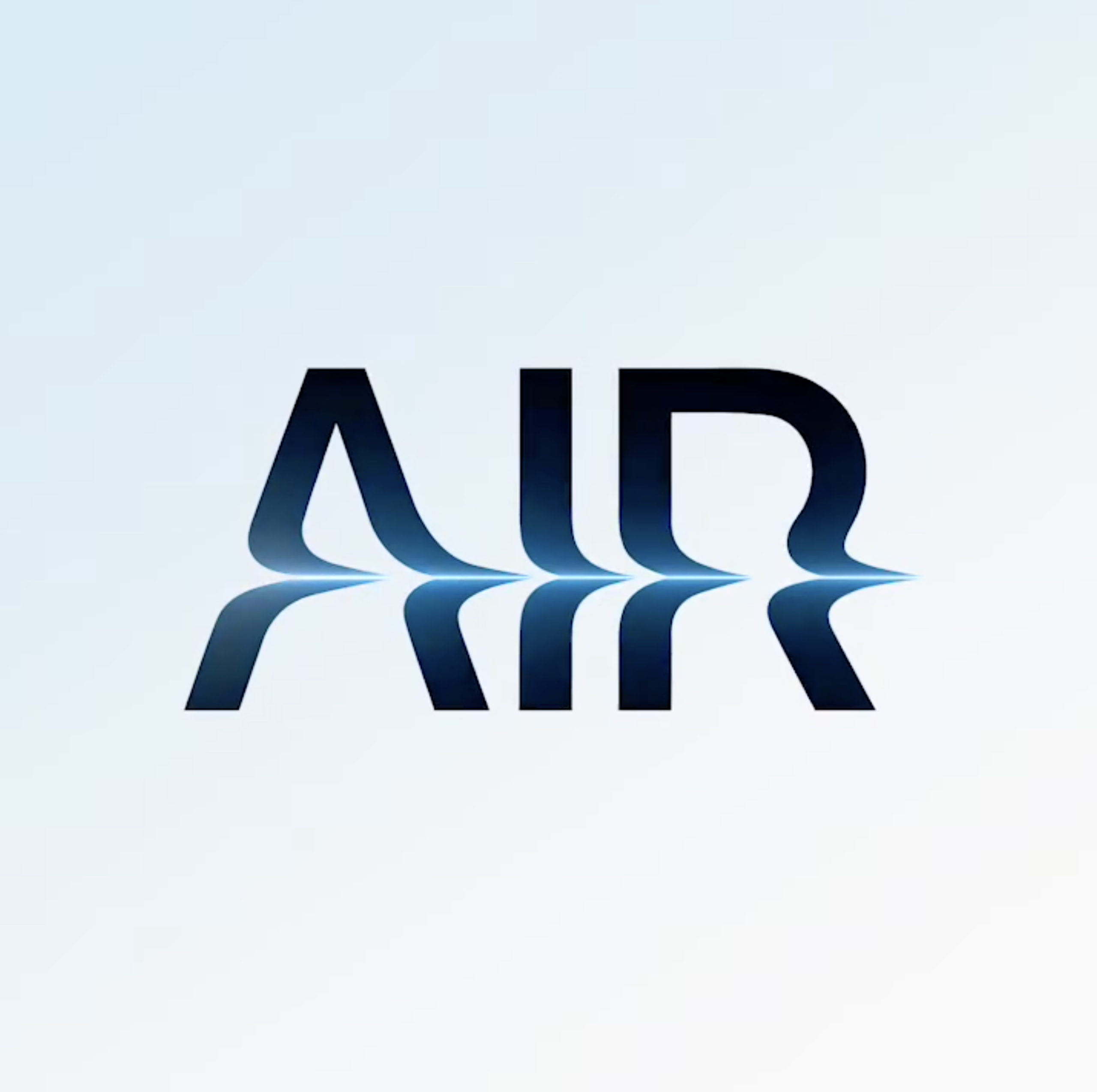 The image showcases the word "AIR" in a modern, bold font with a reflective effect beneath it, reminiscent of an Apple MacBook Air reveal. The background is a gradient of light blue to white, offering a clean and minimalistic look.