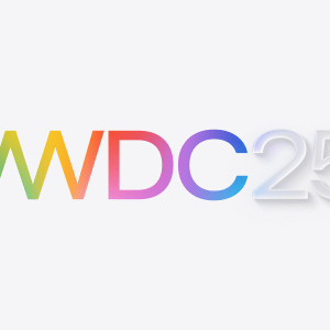 The image displays "WWDC25" beautifully crafted in gradient colors against a pristine white background, where "WWDC" dazzles in shades of green, yellow, orange, pink, and purple while "25" subtly shimmers in translucent white.