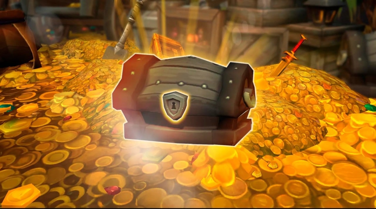 A stylized treasure chest with a lock and shield emblem is surrounded by piles of gold coins, reminiscent of WoW Gold Farming, set against a dimly lit background. Nearby, a shovel and sword lay among the treasure. The scene has a warm, golden glow as if inviting you to earn gold at every level.