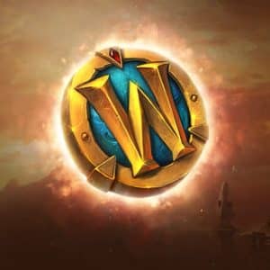 A golden "W" logo with a red gem gleams on a blue circular background, surrounded by a glowing aura. The warm-toned sky hints at adventures in WoW gold farming, silhouetting buildings and mountains as you set off to earn gold and level up in this epic quest.