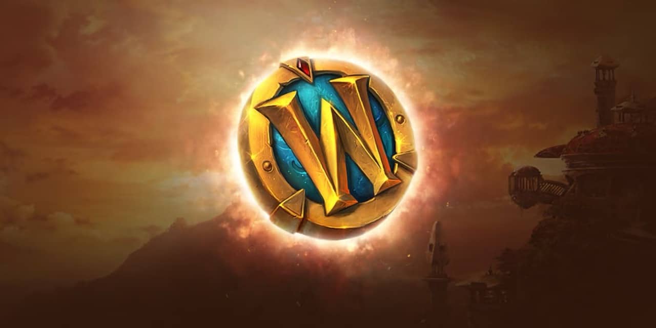 A golden "W" logo with a red gem gleams on a blue circular background, surrounded by a glowing aura. The warm-toned sky hints at adventures in WoW gold farming, silhouetting buildings and mountains as you set off to earn gold and level up in this epic quest.