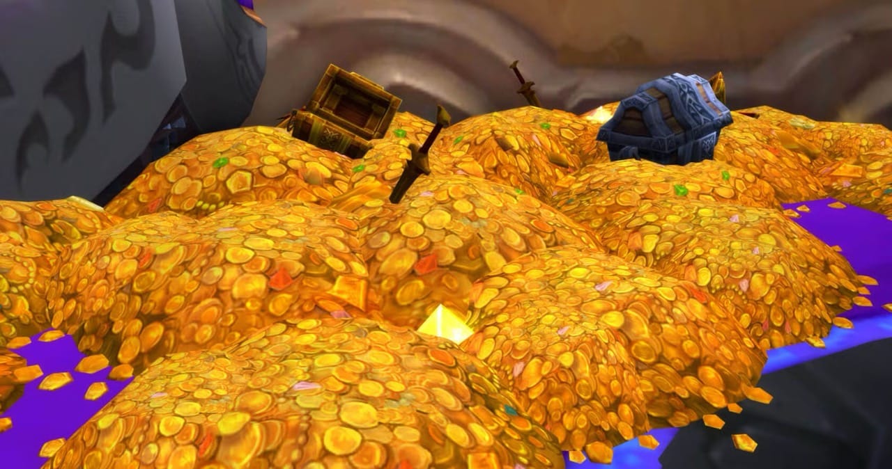 A large pile of gold coins fills the scene, with swords and treasure chests partially buried within it. The coins glisten under the light, capturing the shimmer akin to leveling up in epic WoW gold farming adventures against a colorful, blurred background.