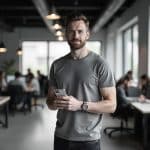 A man with a beard stands in an office, holding an iPhone. He wears a gray T-shirt and watch. In the background, people work at desks near large windows. The Apple logo is visible in the bottom right corner.