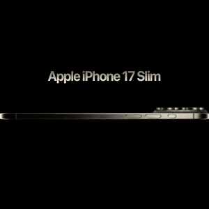 Side view of a sleek smartphone labeled "Apple iPhone 17 Pro Slim" with a slim profile and prominent camera bump, set against a black background.