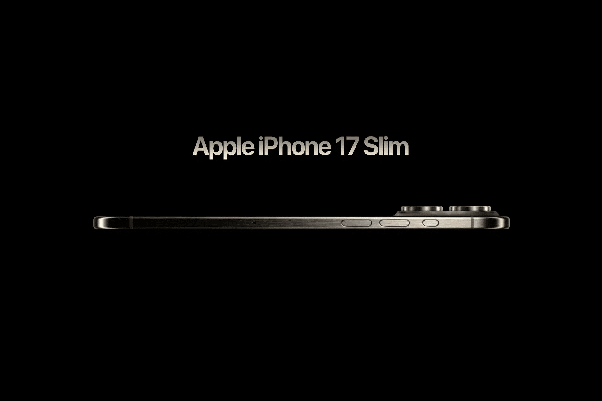 Side view of a sleek smartphone labeled "Apple iPhone 17 Pro Slim" with a slim profile and prominent camera bump, set against a black background.