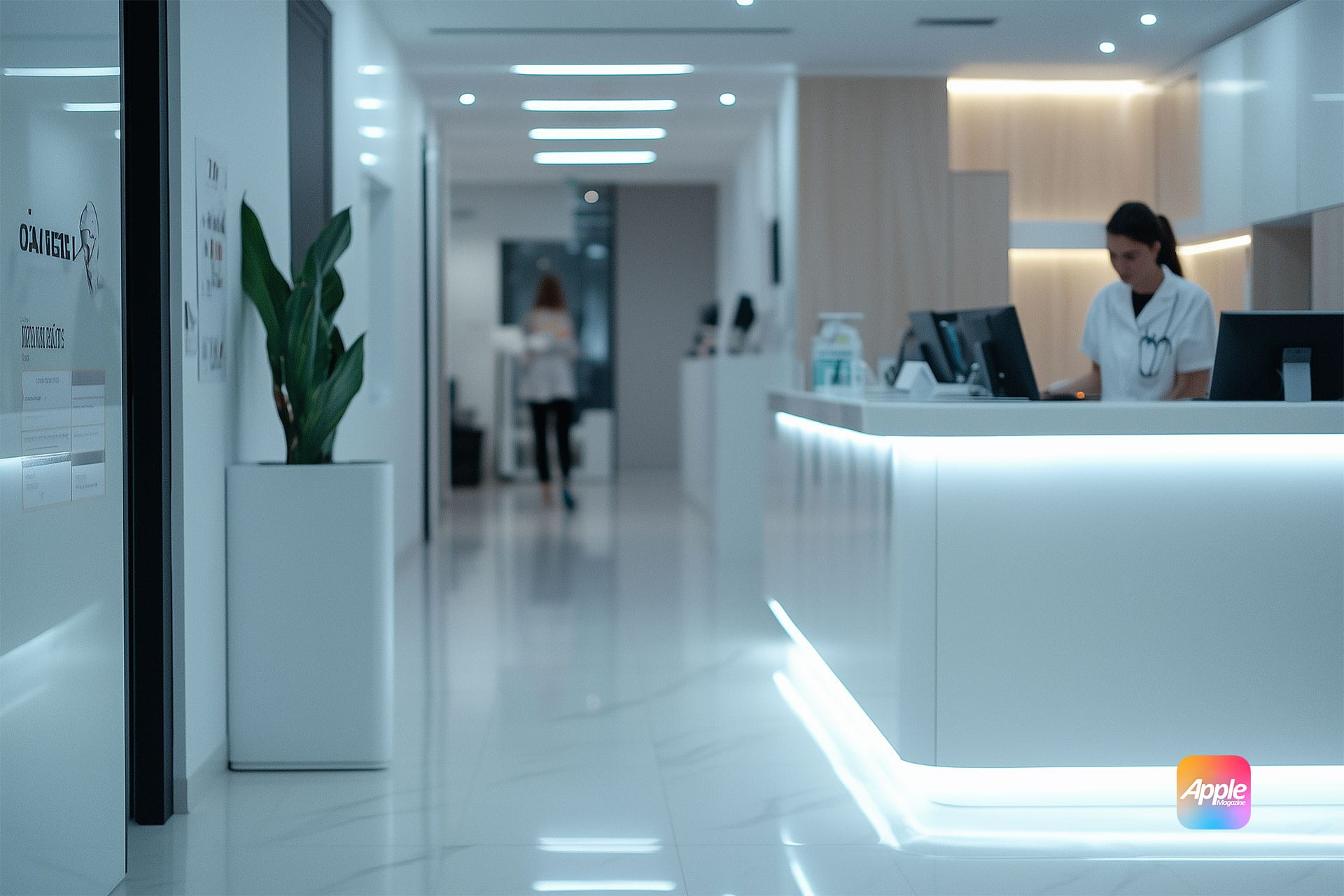 A modern, sleek dental office with a minimalistic design, featuring bright white interiors and glossy floors. The well-lit reception desk, where care delivery is prioritized, has a uniformed staff member managing scheduling data. A plant and decorative wall elements add a touch of greenery.