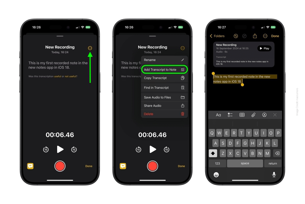 Three smartphone screens illustrate adding a transcript in Apple Notes. The first screen displays a recording, the second highlights "Add Transcript to Note," and the third shows the transcript seamlessly integrated into a note.