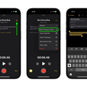 Three smartphone screens illustrate adding a transcript in Apple Notes. The first screen displays a recording, the second highlights "Add Transcript to Note," and the third shows the transcript seamlessly integrated into a note.