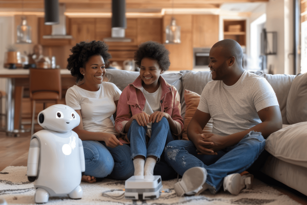 A family with a young girl and parents sits on the living room floor, smiling and interacting with a small white robot, sparking excitement amidst Apple Home Robot rumors. The room is warm and well-lit, modern kitchen gleaming in the background.