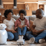 A family with a young girl and parents sits on the living room floor, smiling and interacting with a small white robot, sparking excitement amidst Apple Home Robot rumors. The room is warm and well-lit, modern kitchen gleaming in the background.