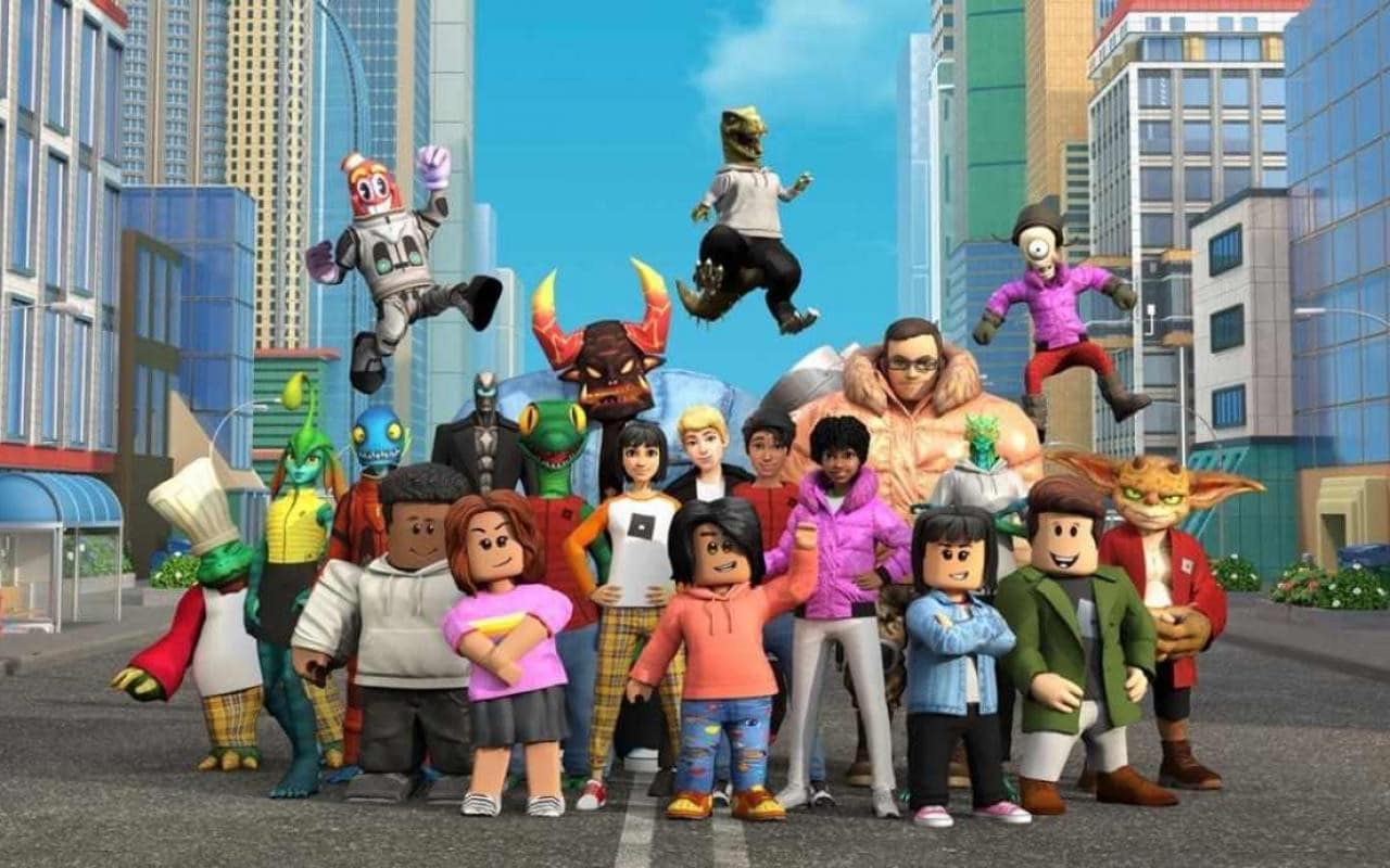 A group of animated characters with varied outfits and unique designs pose in an urban street scene, reminiscent of a Roblox world. Buildings and a clear sky form the backdrop as characters showcase diverse appearances, mixing human, animal, and fantastical features.