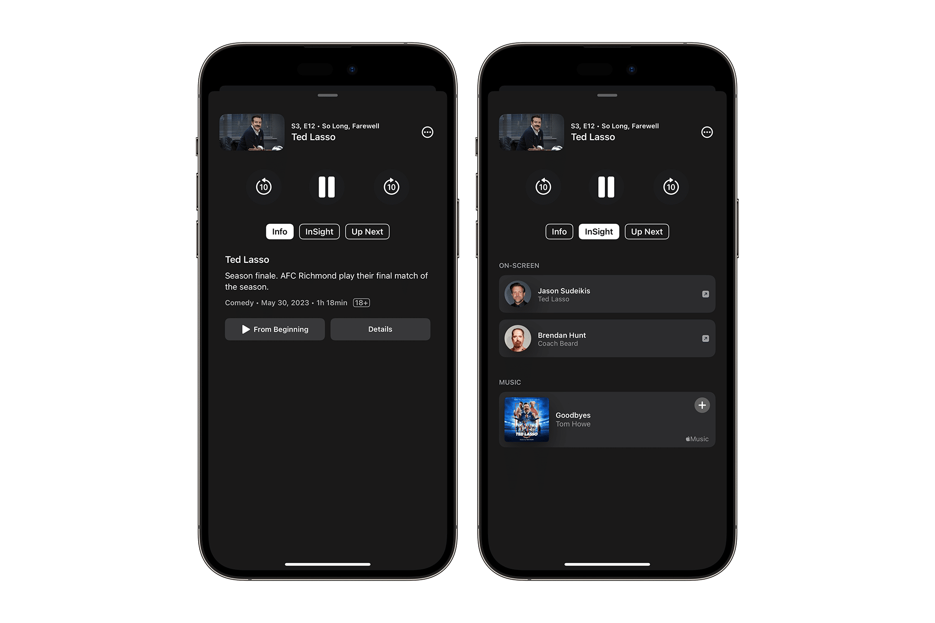 Two smartphones showcase the tvOS 18.4 streaming app interface for "Ted Lasso." The left screen presents episode details and playback options, while the right lists cast members and music featured in the episode. Both screens are set against a dark background.