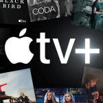 The Apple TV+ promotional image prominently displays the Apple TV+ logo at the center, encircled by captivating visuals from acclaimed shows and movies such as "Black Bird," "CODA," and "Five Days at Memorial.
