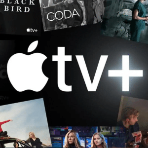 The Apple TV+ promotional image prominently displays the Apple TV+ logo at the center, encircled by captivating visuals from acclaimed shows and movies such as "Black Bird," "CODA," and "Five Days at Memorial.