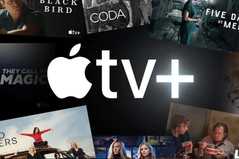 The Apple TV+ promotional image prominently displays the Apple TV+ logo at the center, encircled by captivating visuals from acclaimed shows and movies such as "Black Bird," "CODA," and "Five Days at Memorial.