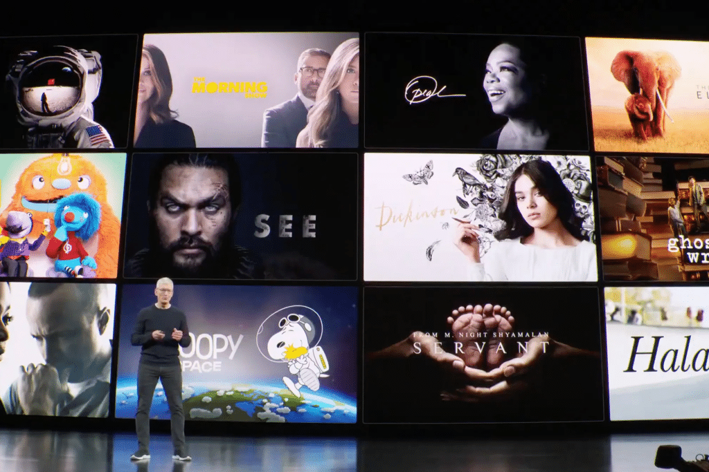 Apple TV+ summer 2025 interface on a smart TV displaying Murderbot and F1 posters