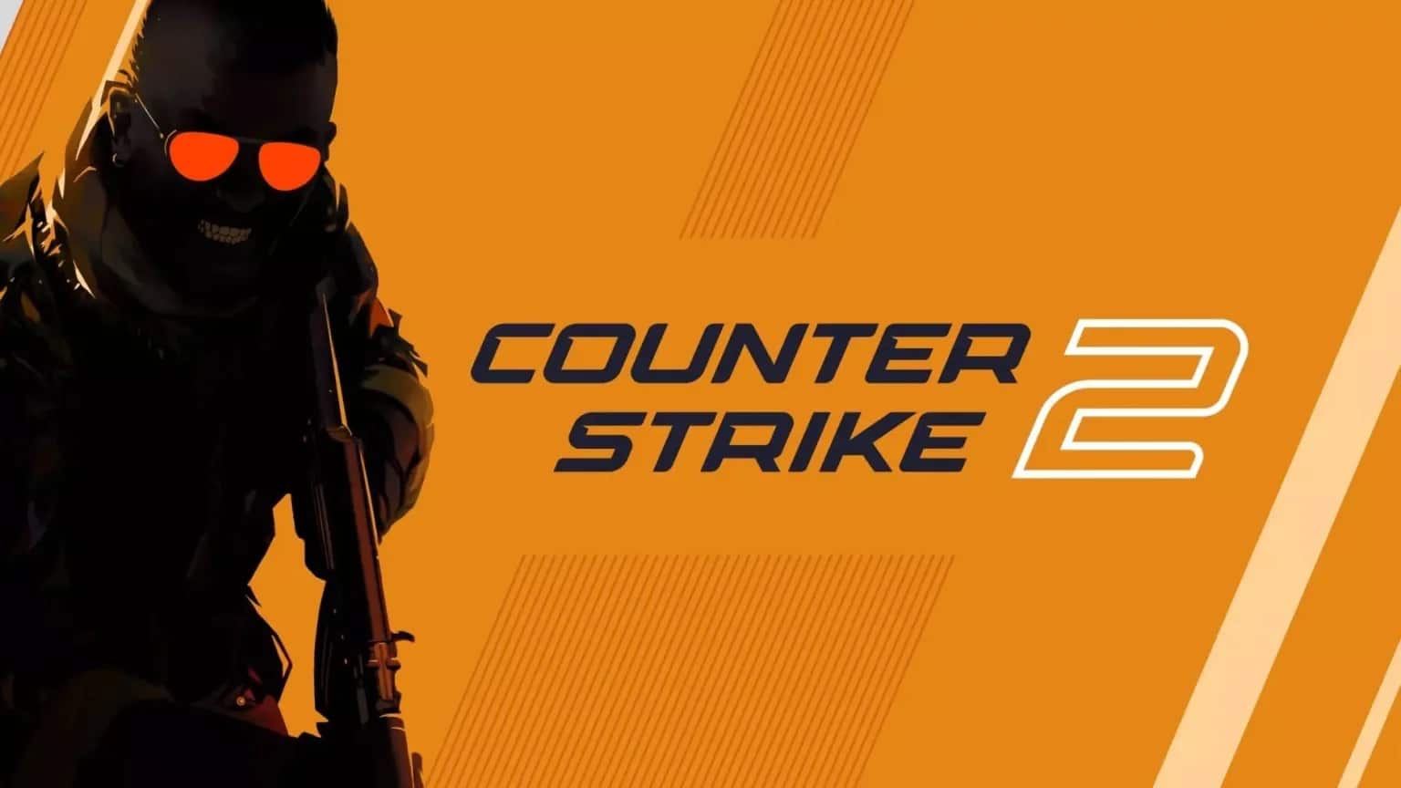 An orange graphic features a shadowy figure holding a rifle with glowing orange sunglasses. The text "Counter-Strike 2" (CS2) is boldly displayed in dark letters on the right, perfect for gamers looking to play CS2 on Mac.