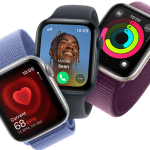 Three Apple Watches, including the Apple Watch SE 3, are shown: one displays a heart rate of 68 BPM, another shows an incoming call with a smiling person’s photo, and the third features colorful activity rings on the screen.