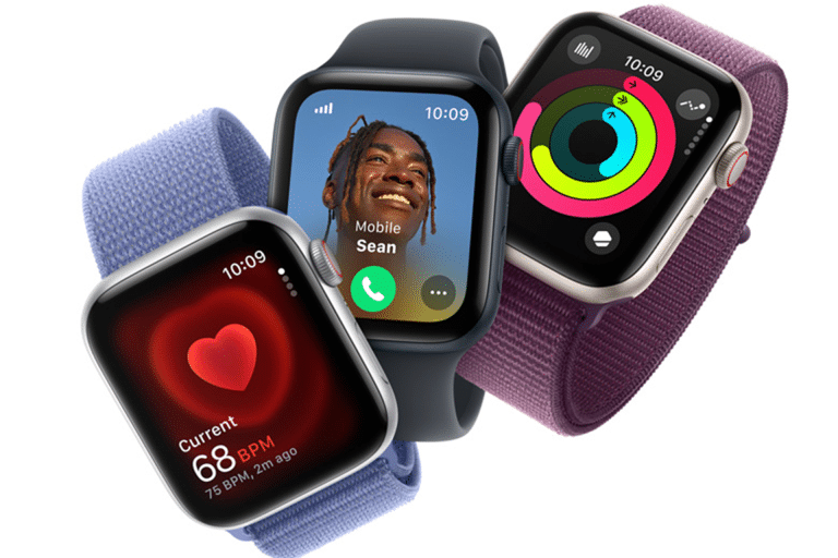 Three Apple Watches, including the Apple Watch SE 3, are shown: one displays a heart rate of 68 BPM, another shows an incoming call with a smiling person’s photo, and the third features colorful activity rings on the screen.