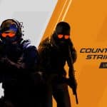 Two armed soldiers in tactical gear with glowing orange visors stand against a gray and orange background. Text reads “Counter-Strike 2 Limited Test.” Discover CS2 compatibility Mac details for those eager to play CS2 Mac.