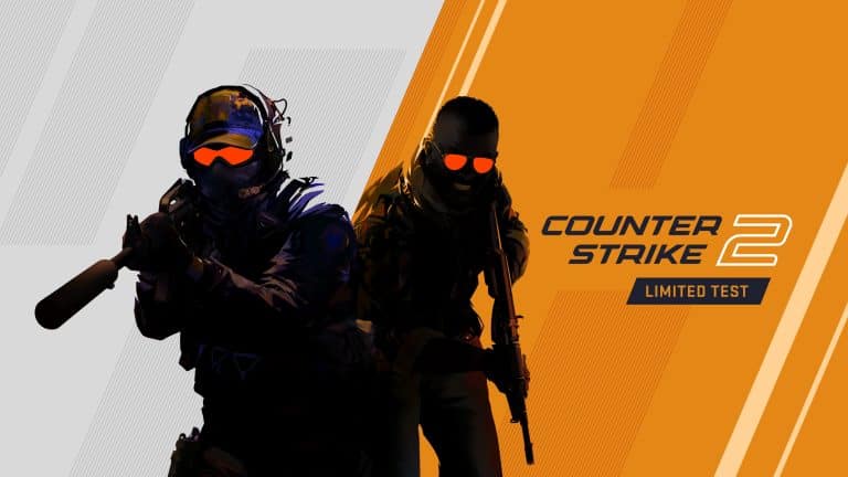 Two armed soldiers in tactical gear with glowing orange visors stand against a gray and orange background. Text reads “Counter-Strike 2 Limited Test.” Discover CS2 compatibility Mac details for those eager to play CS2 Mac.