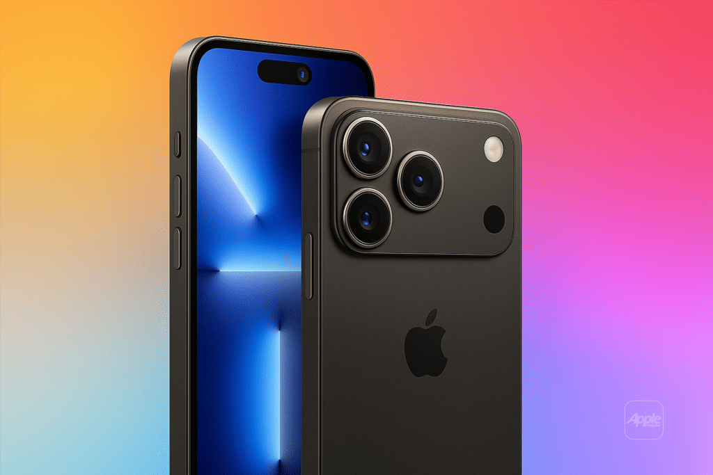 Two modern black smartphones, including the iPhone 17, are shown against a vibrant gradient background. One phone displays a blue screen, while the other shows the back with three cameras and the Apple logo.