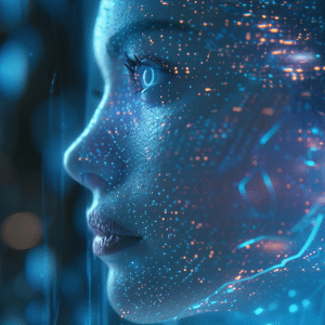 A close-up of a person's face in profile, illuminated by blue and orange digital lights and patterns, suggesting a futuristic or cybernetic theme with a focus on robotics, technology, and artificial intelligence.