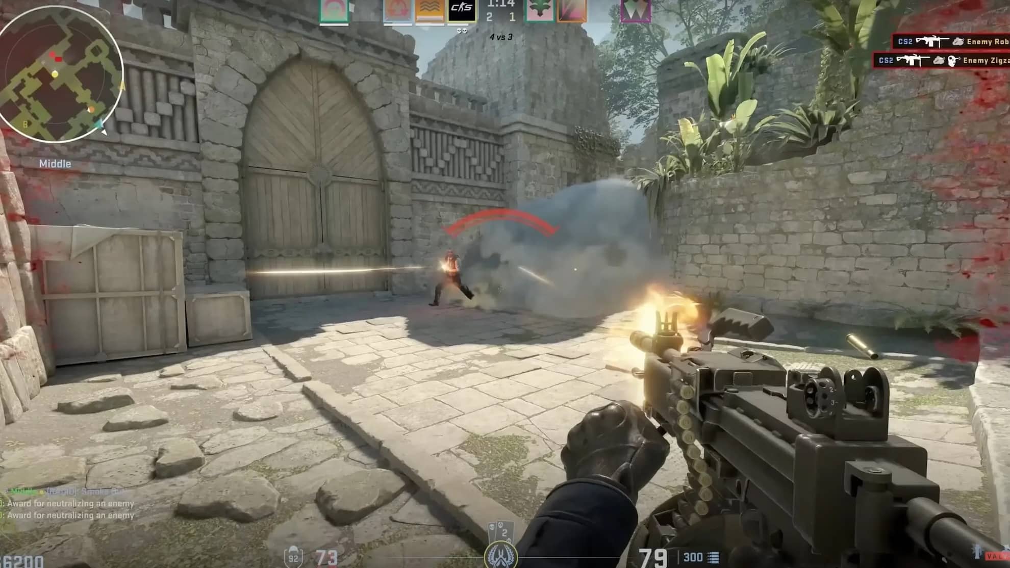 A player in a first-person shooter like CS2 fires a gun at an enemy near a stone archway, with smoke and muzzle flash visible. The game HUD on Mac shows health, ammo, and a minimap at the top.