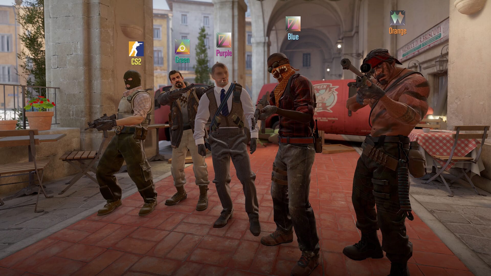 Five distinct characters in tactical gear stand in a courtyard, each labeled with different colors (CS2, Green, Purple, Blue, Orange). The European-style cafe background invites you to imagine play CS2 Mac compatibility in this vibrant scene.
