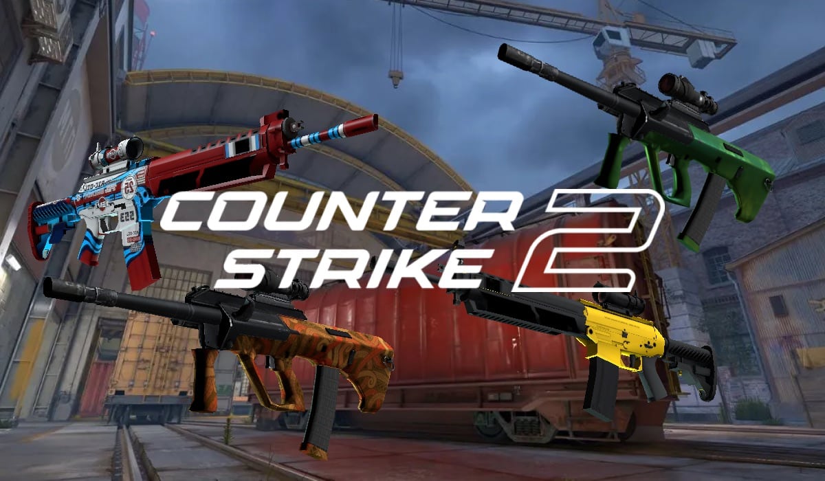Counter-Strike 2 logo overlaid on a train yard background, with four colorful CS2 guns featuring distinct skins floating around the logo, inviting you to play—even on Mac.