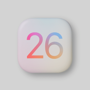 A rounded square icon with a gradient number "26" in the center on a light background. In the bottom right corner, there is a small Apple logo with a rainbow gradient, hinting at updates to Apple's operating systems.