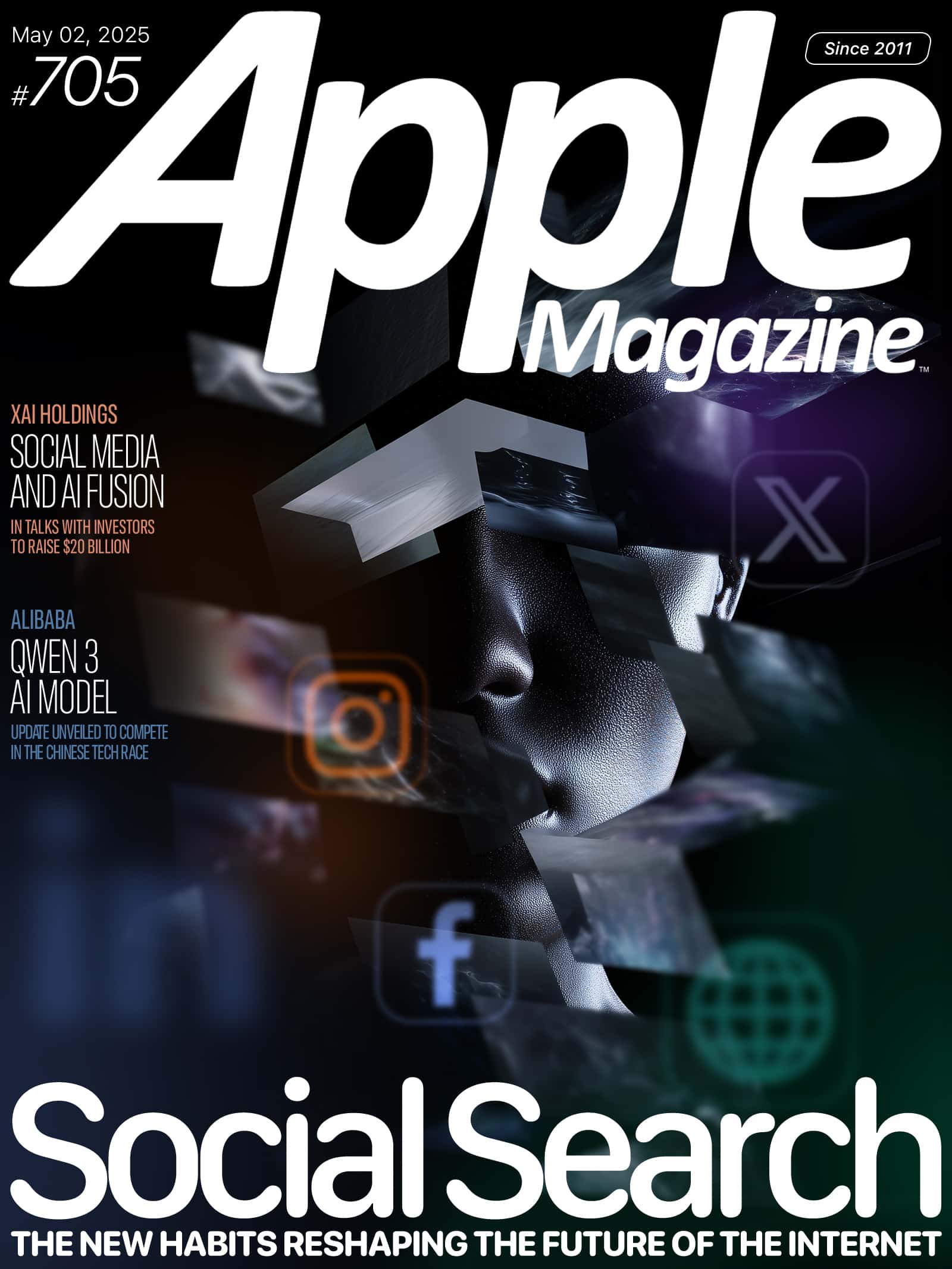 A digital magazine cover shows a woman's face blended with social media icons and abstract tech graphics. The title reads "Apple Magazine," with the headline "Social Search: The new habits reshaping the future of the internet.