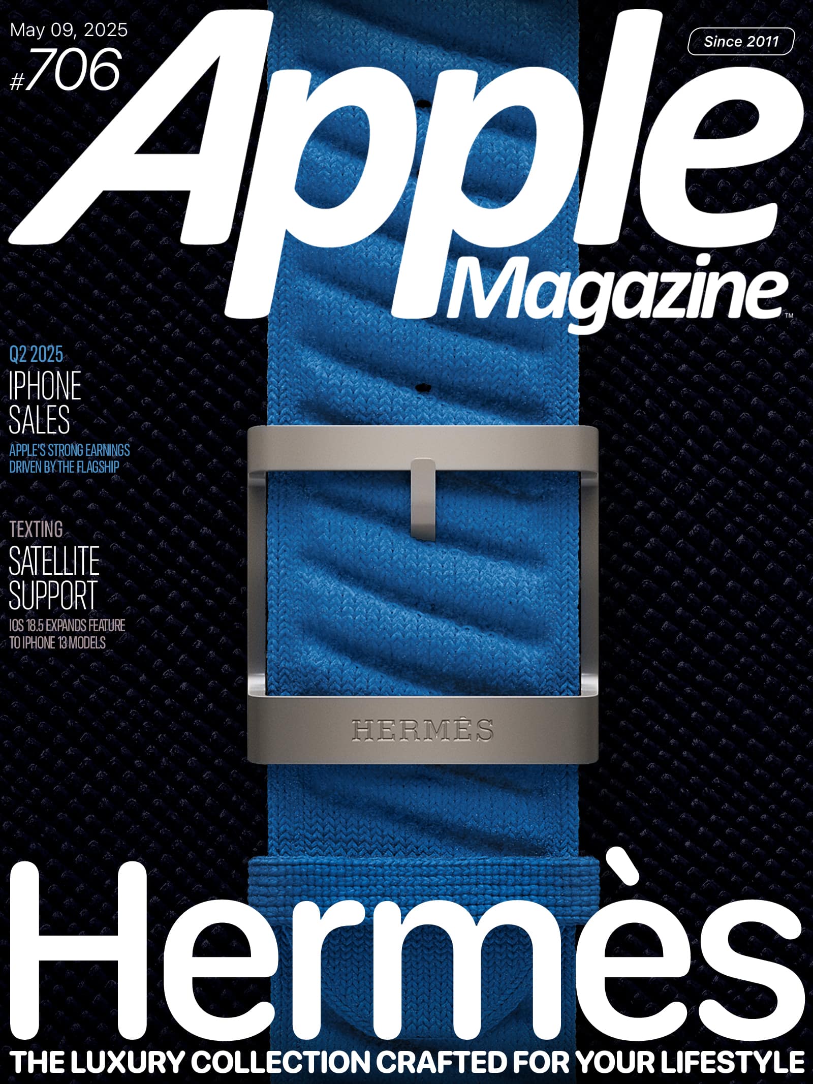Apple Magazine cover shows a close-up of a blue Hermès Apple Watch band with a metal buckle. Headlines include iPhone sales, texting via satellite, and the date May 9, 2025. "Hermès" is prominently displayed.
