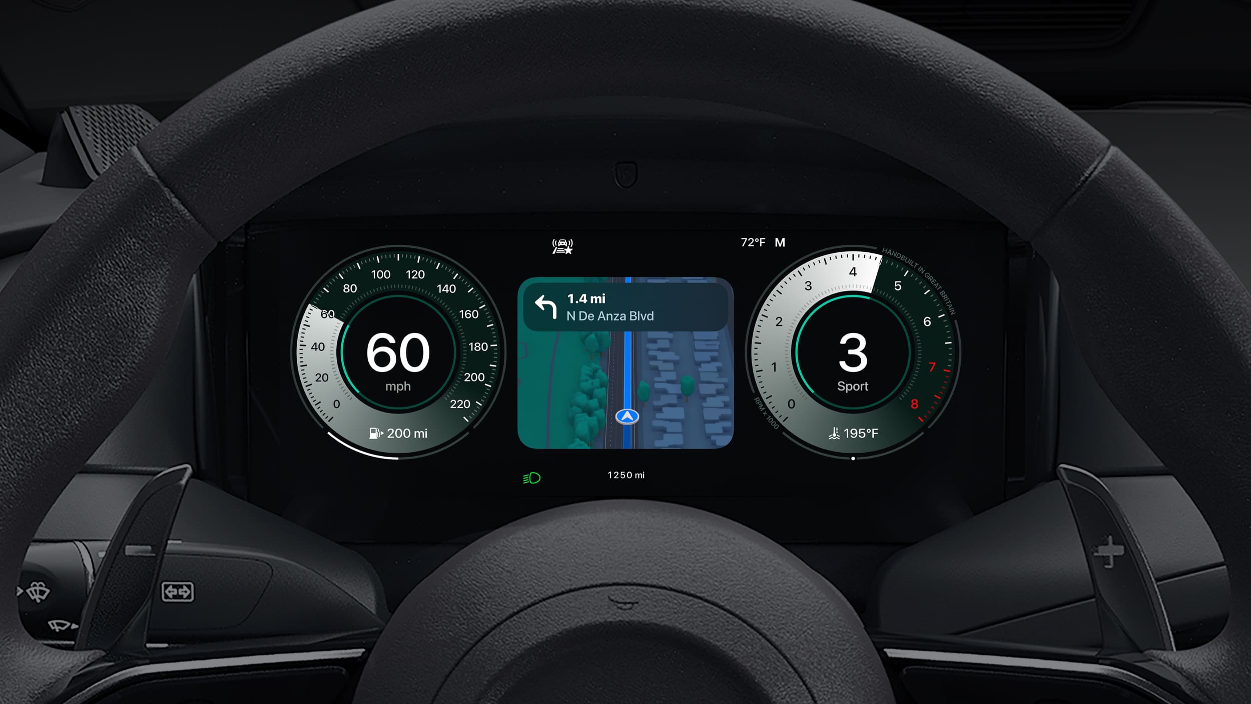 Digital car dashboard displays speedometer at 60 mph, a navigation map powered by Apple Maps with next turn in 1.4 miles on N De Anza Blvd, and tachometer at 3 (Sport mode). Temperature reads 195°F and outside temperature is 72°F.