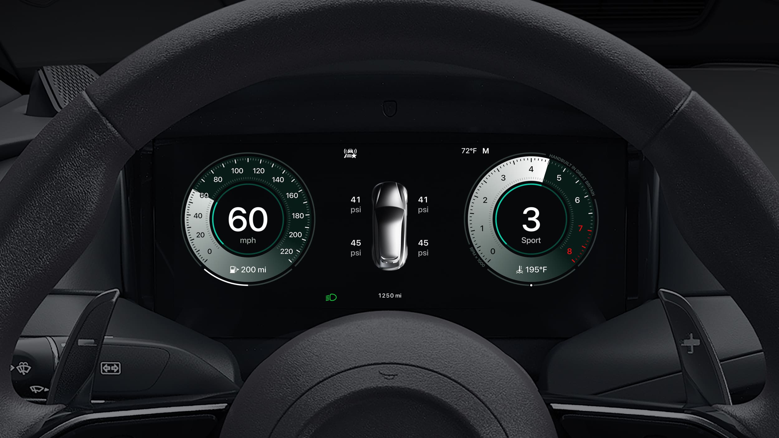 A car dashboard display shows a digital speedometer at 60 mph, a tachometer at 3, Apple Maps navigation, an outside temperature of 72°F, tire pressures, and the vehicle in Sport mode. The steering wheel is partially visible.