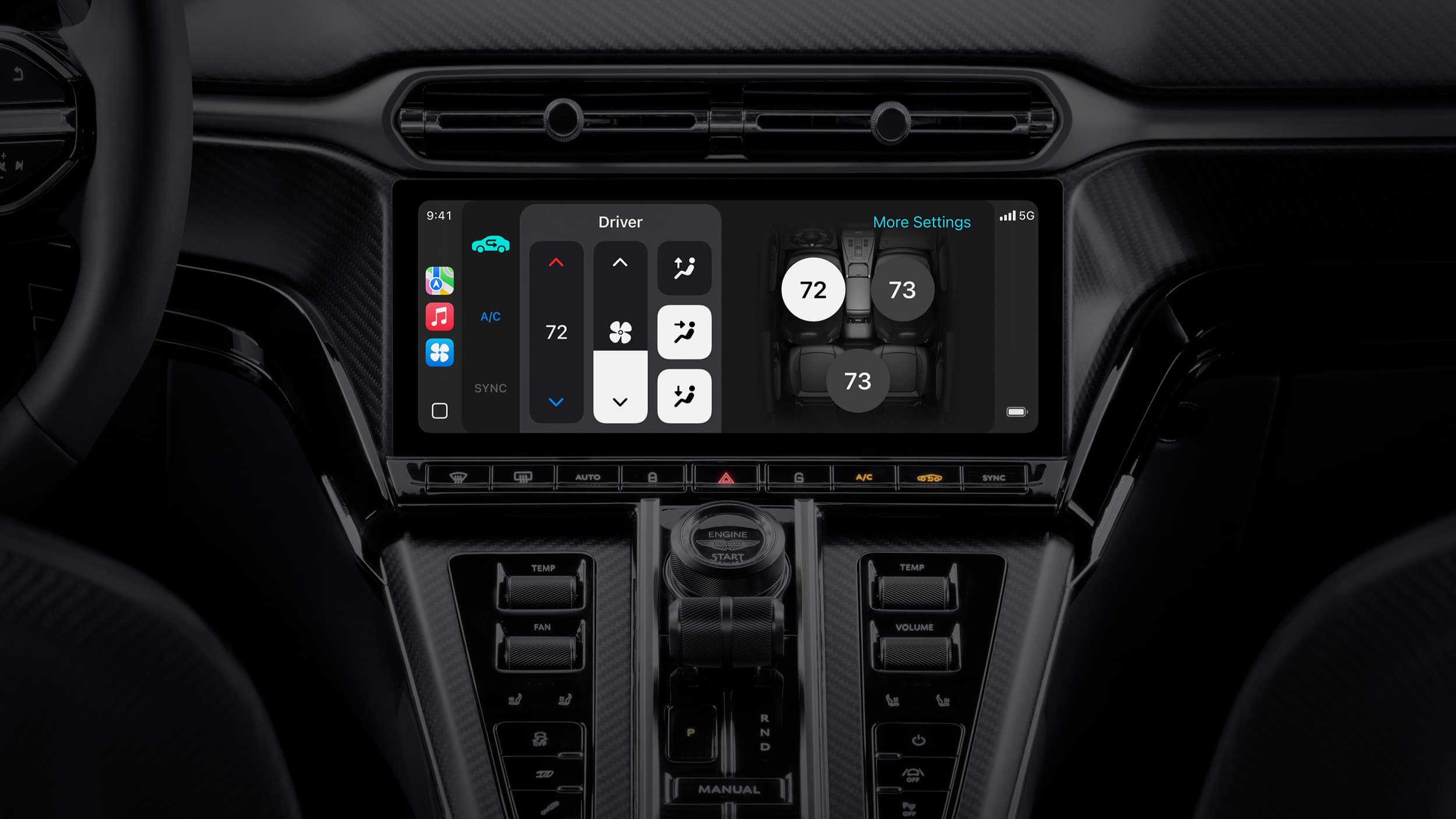 Close-up of a car's digital dashboard touchscreen displaying climate control settings alongside Apple Maps integration. The sleek, black interior highlights advanced features like temperature adjustment, fan speed, air direction, and seat A/C options.