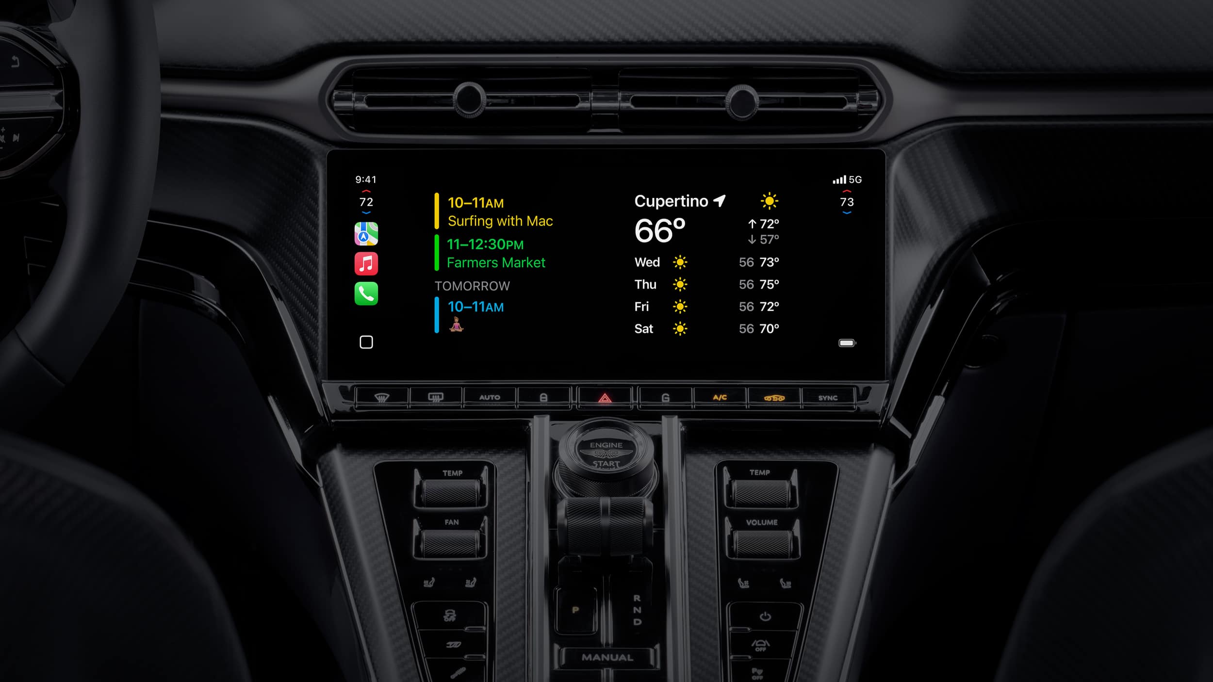CarPlay Ultra - Close-up of a car dashboard showing a digital display with Apple CarPlay interface, Apple Maps MICHELIN Ratings, calendar events, weather in Cupertino (66°F), and car controls including gear shift and buttons below the screen.