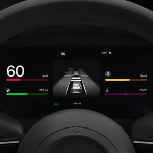 Digital car dashboard display showing a speed of 60 mph, range of 200 miles, sport mode, and a central graphic with lane and surrounding car indicators—now featuring Apple Maps integration and MICHELIN Ratings for added convenience.