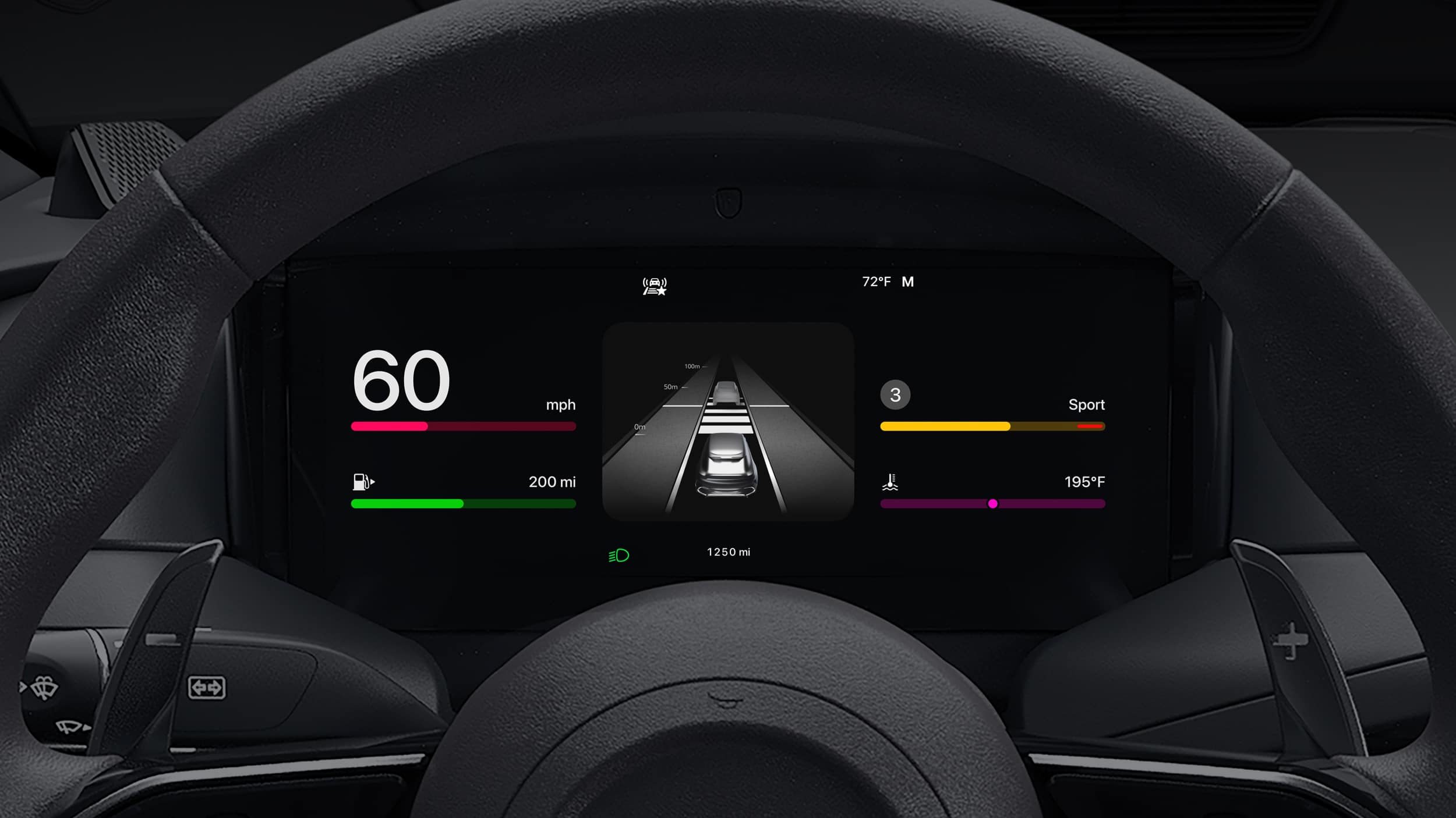 Digital car dashboard display showing a speed of 60 mph, range of 200 miles, sport mode, and a central graphic with lane and surrounding car indicators—now featuring Apple Maps integration and MICHELIN Ratings for added convenience.